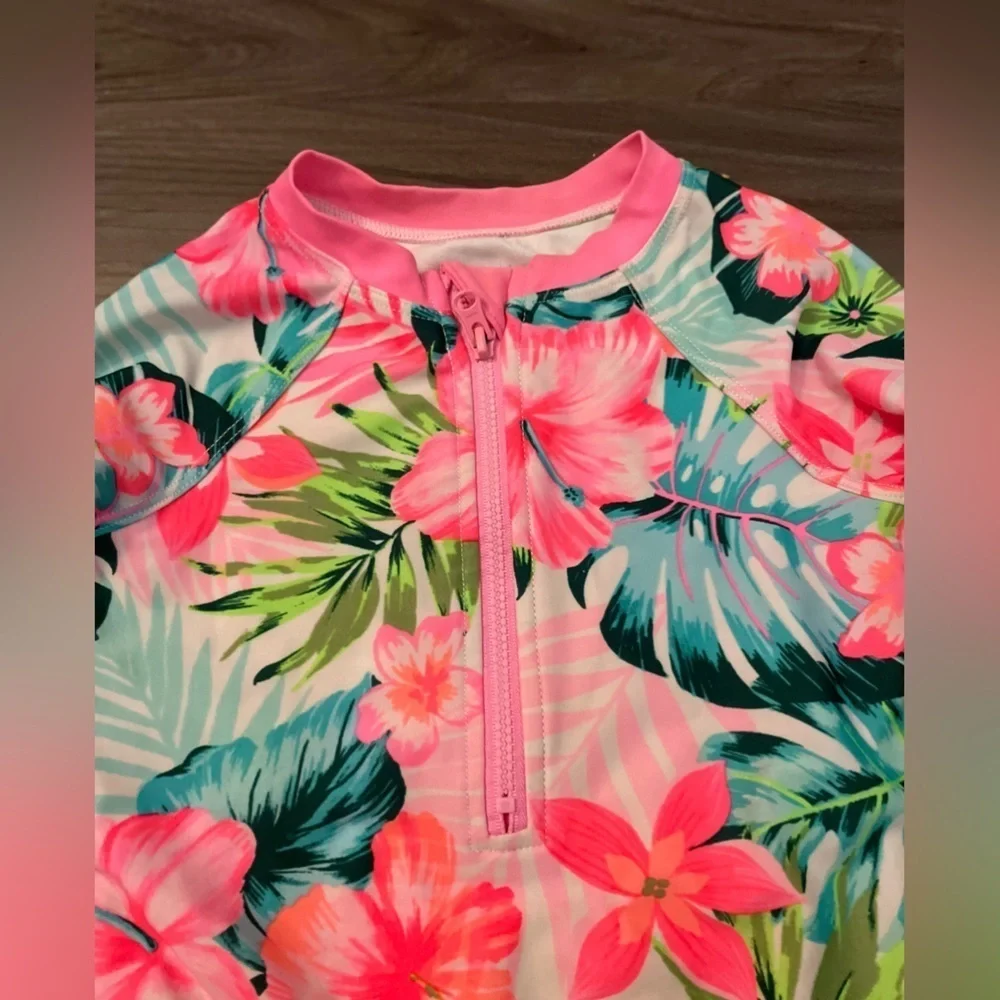Wonder Nation Pink and Green Vibrant Floral Kids Rashguard one piece size 4T